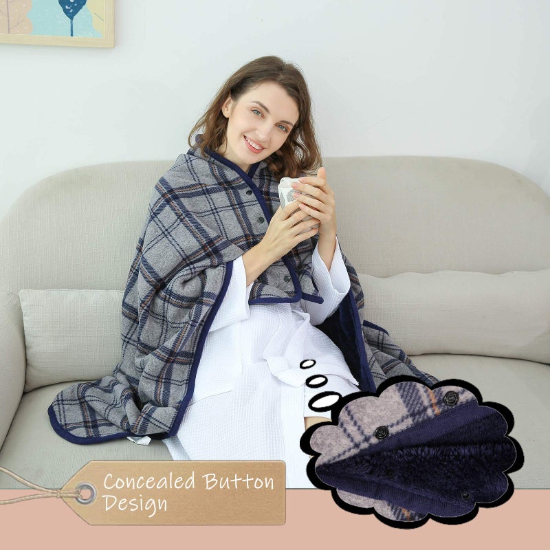XING YE CHUAN Fleece Wearable Blanket, Comfy Poncho Throw with Buttons, Plush Sleeveless Blankets, for Women Cape Wrap Cover for Lightweight Microfiber Plaid Design (Grey) - Image 2